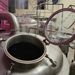 Tanque de acero inoxidable abierto en cervecería artesanal Xakúa durante el proceso de elaboración de cerveza